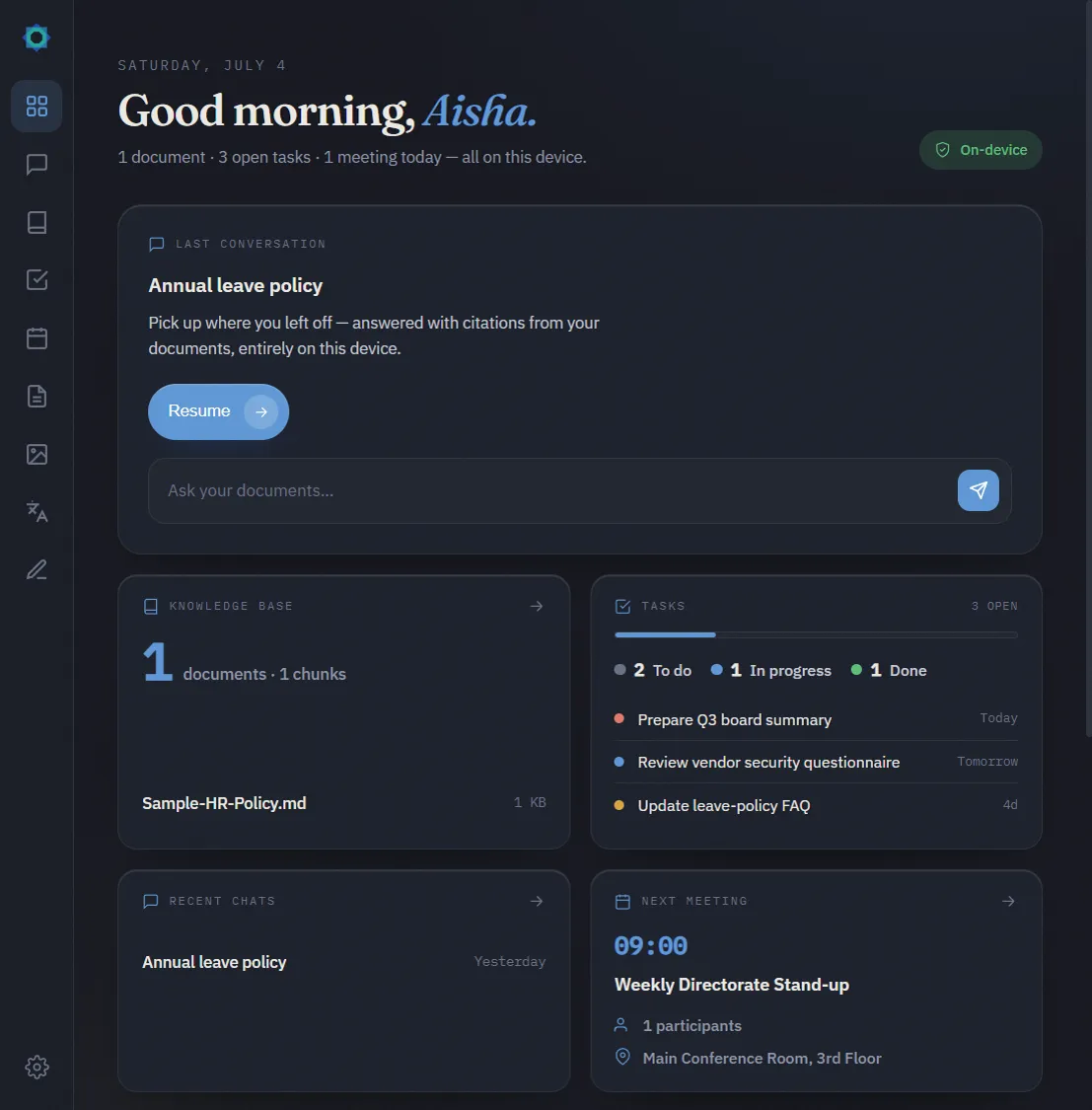 Sanad home dashboard with tasks, next meeting and recent chats