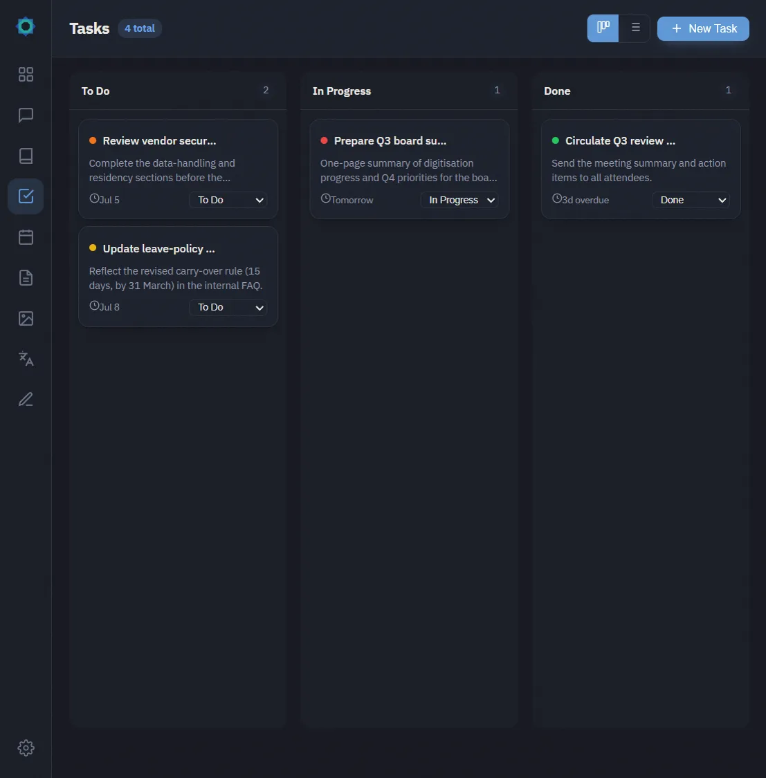 Sanad tasks on a kanban board across To Do, In Progress and Done